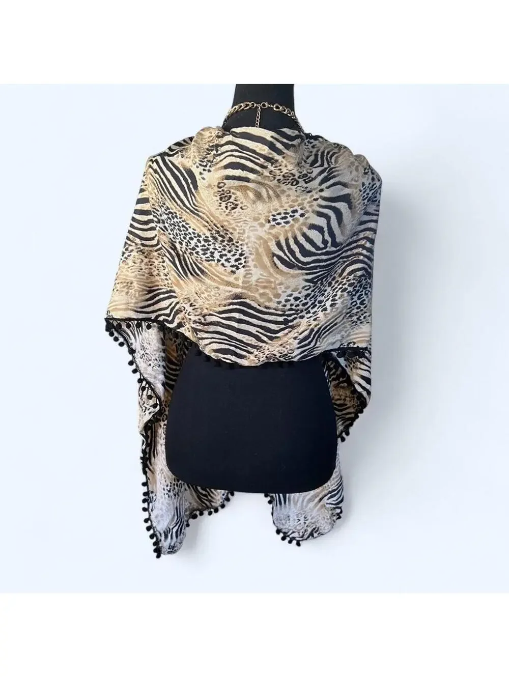 Vintage Y2K Print Zebra Leopard Pom Pom Shawl Wrap Kimono Cover Up One Size 🤎